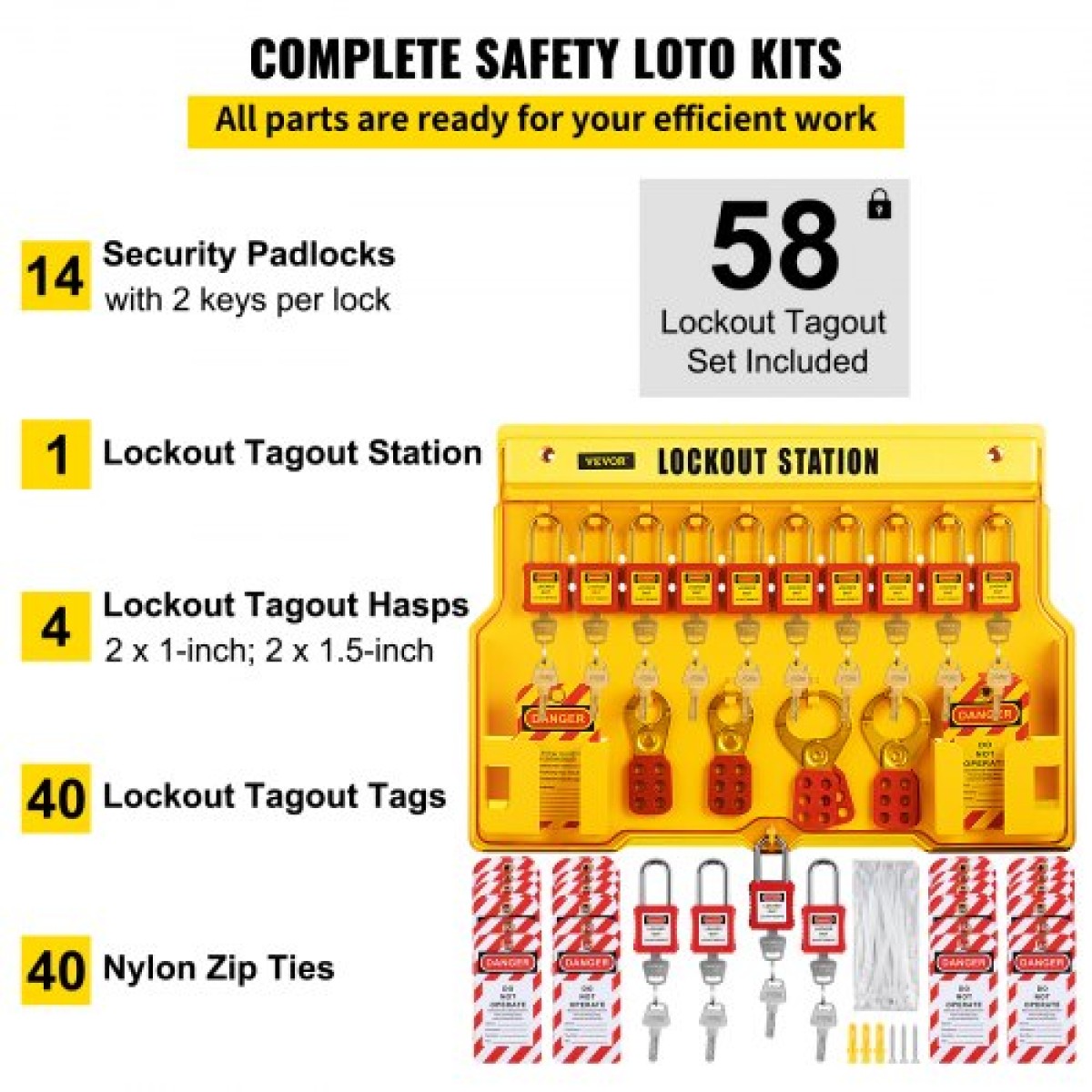 VEVOR 58 PCS Lockout Tagout Kit, Electrical Safety Loto Kit περιλαμβάνει λουκέτα, Lockout Station, Hasp, Tags & Zip Ties, Lockout Tagout Safety Tools for Industrial, Electrical Power, Μηχανήματα