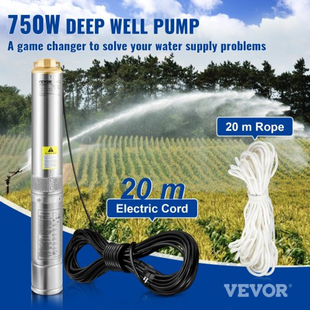 Υποβρύχια αντλία VEVOR Deep Well, 750W 230V/50Hz, 100L/min 66 m Head Sand Resistant <5%, 20 m Electric Cord, 7,6 cm Αντλίες νερού από ανοξείδωτο χάλυβα για βιομηχανική, άρδευση και οικιακή χρήση, IP68 αδιάβροχη