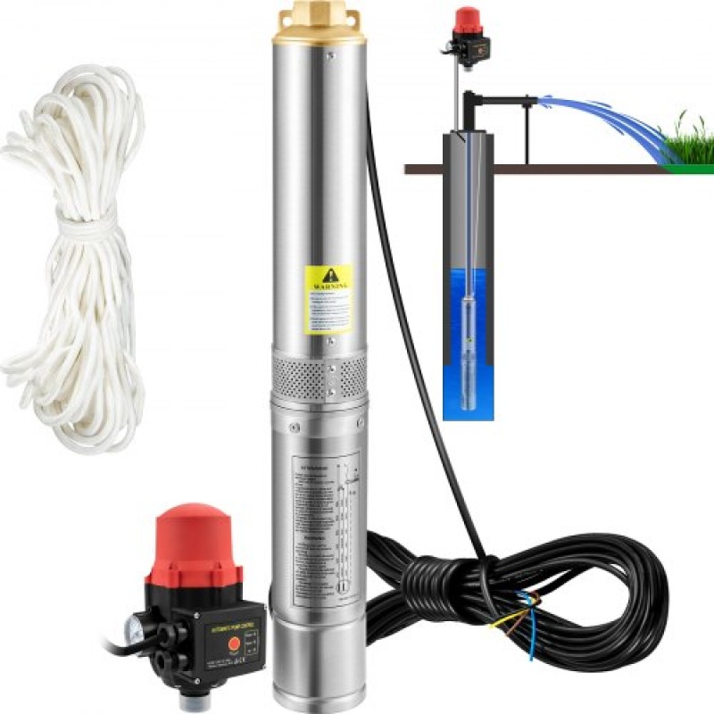 Υποβρύχια αντλία VEVOR Deep Well, 550W 230V/50Hz, 50L/min 89 m Head, 20 m Cord & Automatic Pressure Switch, 8,2 cm Αντλίες νερού από ανοξείδωτο χάλυβα για βιομηχανική, άρδευση και οικιακή χρήση, IP68 αδιάβροχη