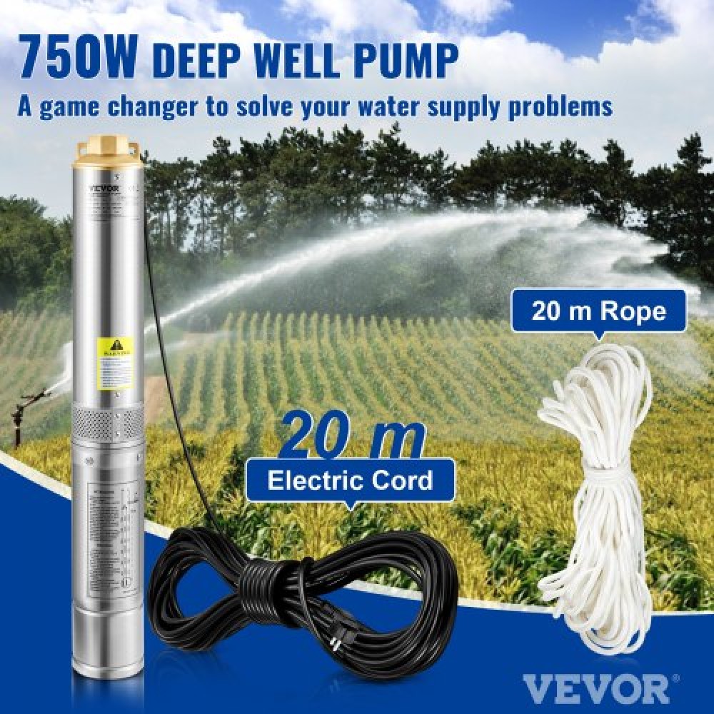 Υποβρύχια αντλία VEVOR Deep Well, 750W 230V/50Hz, 105L/min 62 m Ανθεκτικό στην άμμο <5%, Ηλεκτρικό καλώδιο 20 m, 8,9 cm Αντλίες νερού από ανοξείδωτο χάλυβα για βιομηχανική, άρδευση και οικιακή χρήση, IP68 αδιάβροχο