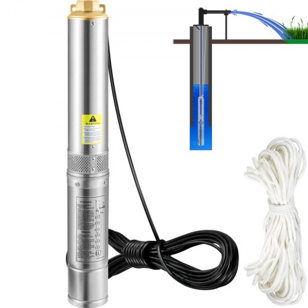 Υποβρύχια αντλία VEVOR Deep Well, 750W 230V/50Hz, 105L/min 62 m Ανθεκτικό στην άμμο <5%, Ηλεκτρικό καλώδιο 20 m, 8,9 cm Αντλίες νερού από ανοξείδωτο χάλυβα για βιομηχανική, άρδευση και οικιακή χρήση, IP68 αδιάβροχο