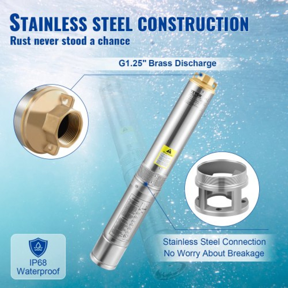 Υποβρύχια αντλία VEVOR Deep Well, 750W 230V/50Hz, 105L/min 62 m Ανθεκτικό στην άμμο <5%, Ηλεκτρικό καλώδιο 20 m, 8,9 cm Αντλίες νερού από ανοξείδωτο χάλυβα για βιομηχανική, άρδευση και οικιακή χρήση, IP68 αδιάβροχο