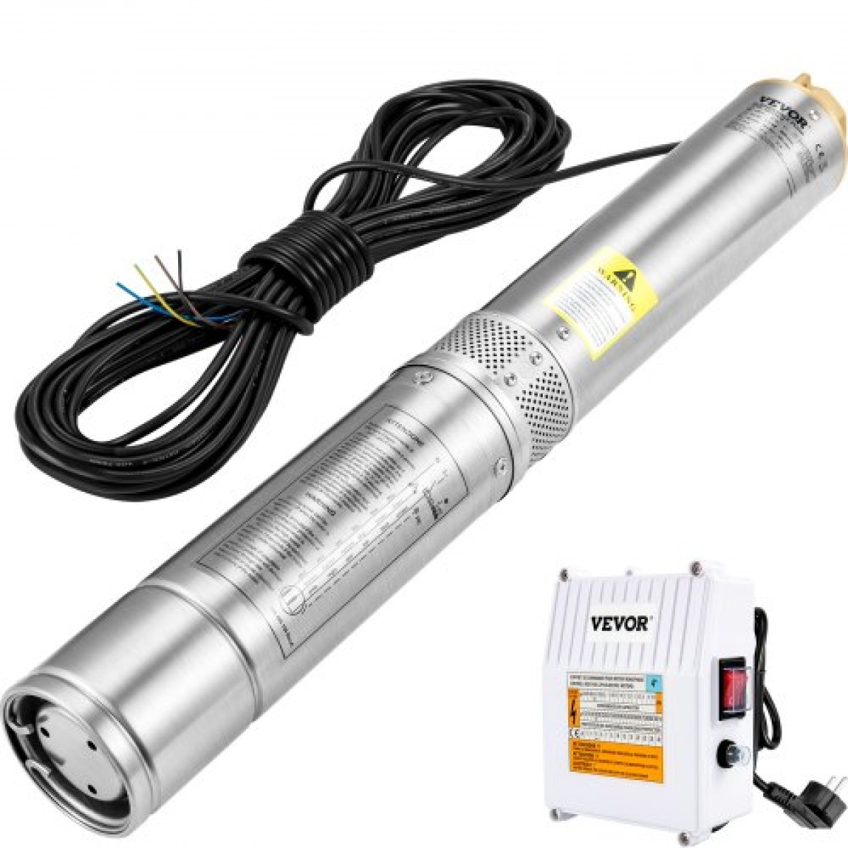 Υποβρύχια αντλία VEVOR Deep Well, 370W 230V/50Hz, 110L/min 44 m Head, με καλώδιο 20 m & εξωτερικό κιβώτιο ελέγχου, 10,2 cm Αντλίες νερού από ανοξείδωτο χάλυβα για βιομηχανική, άρδευση & οικιακή χρήση, IP68 αδιάβροχη