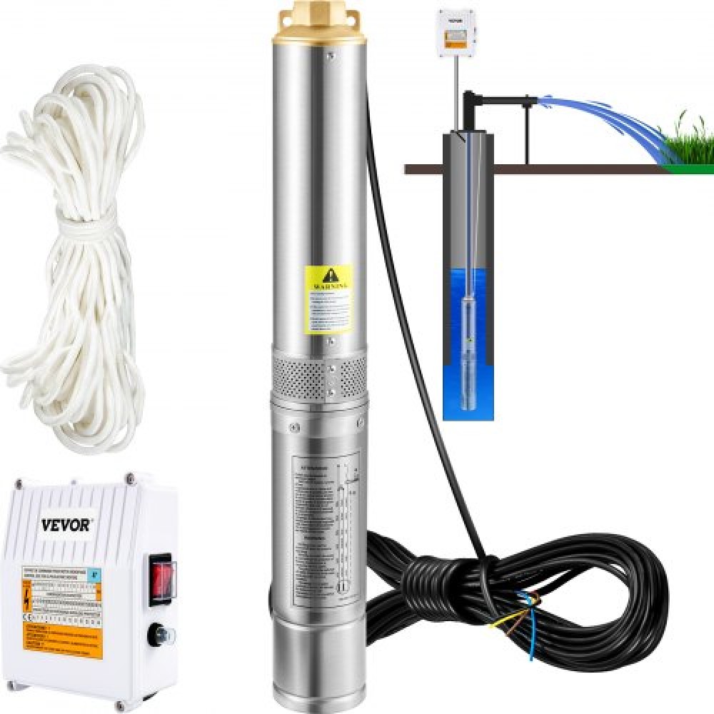 Υποβρύχια αντλία VEVOR Deep Well, 370W 230V/50Hz, 110L/min 44 m Head, με καλώδιο 20 m & εξωτερικό κιβώτιο ελέγχου, 10,2 cm Αντλίες νερού από ανοξείδωτο χάλυβα για βιομηχανική, άρδευση & οικιακή χρήση, IP68 αδιάβροχη