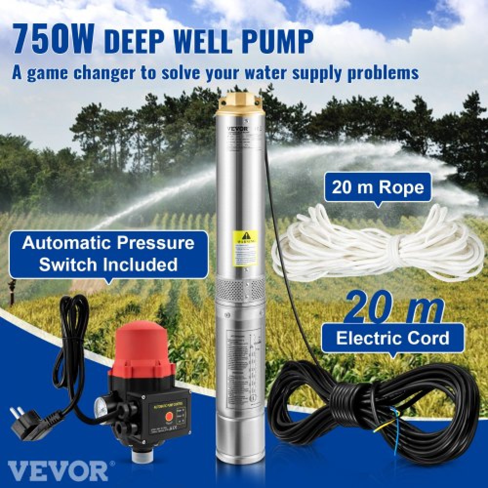 Υποβρύχια αντλία VEVOR Deep Well, 750W 230V/50Hz, 105L/min 62 m Head, 20 m Cord & Automatic Pressure Switch, 8,9 cm Αντλίες νερού από ανοξείδωτο χάλυβα για βιομηχανική, άρδευση και οικιακή χρήση, IP68 αδιάβροχη