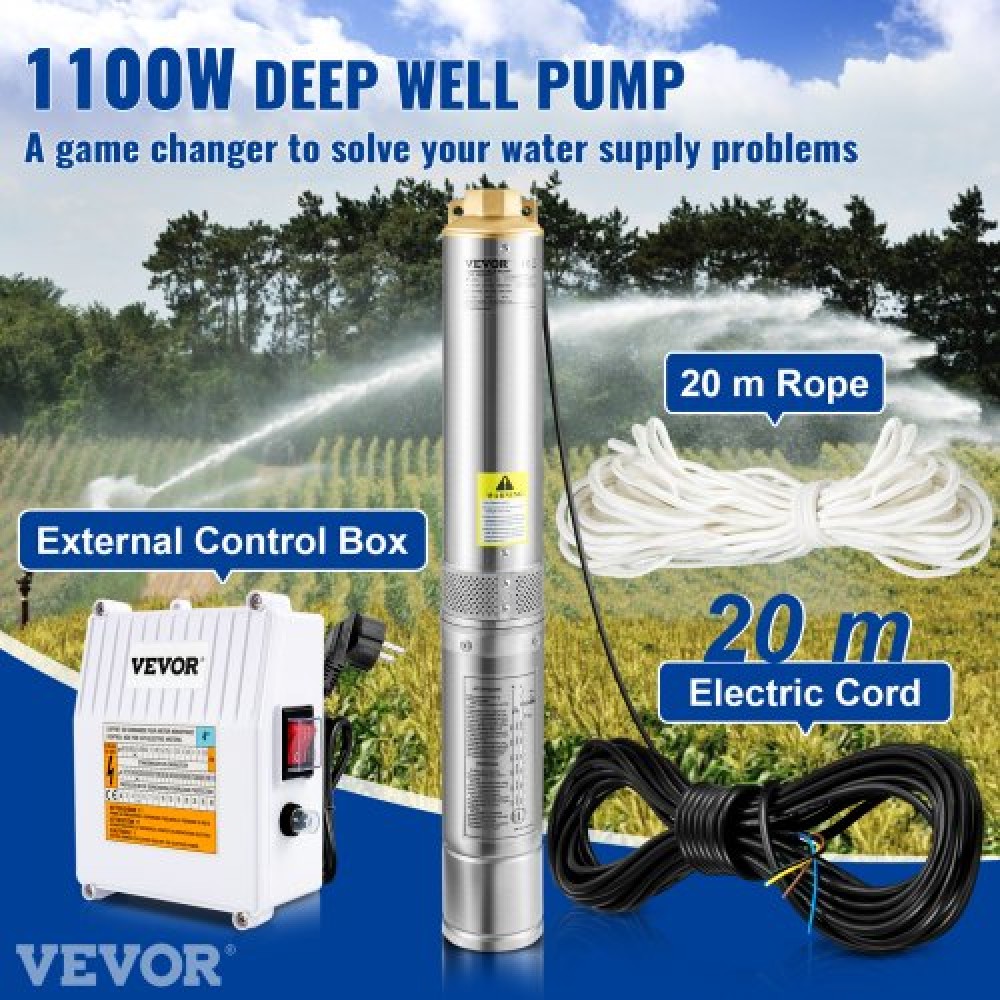 Υποβρύχια αντλία VEVOR Deep Well, 1100W 230V/50Hz, 190L/min 57 m Head, με καλώδιο 20 m & εξωτερικό κιβώτιο ελέγχου, 10,2 cm Αντλίες νερού από ανοξείδωτο χάλυβα για βιομηχανική, άρδευση και οικιακή χρήση, IP68 αδιάβροχη