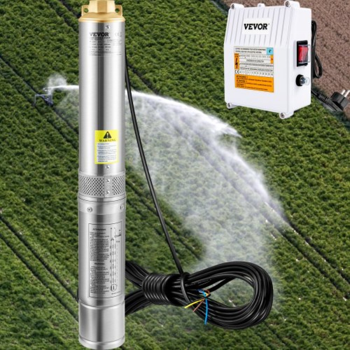 Υποβρύχια αντλία VEVOR Deep Well, 1100W 230V/50Hz, 190L/min 57 m Head, με καλώδιο 20 m & εξωτερικό κιβώτιο ελέγχου, 10,2 cm Αντλίες νερού από ανοξείδωτο χάλυβα για βιομηχανική, άρδευση και οικιακή χρήση, IP68 αδιάβροχη