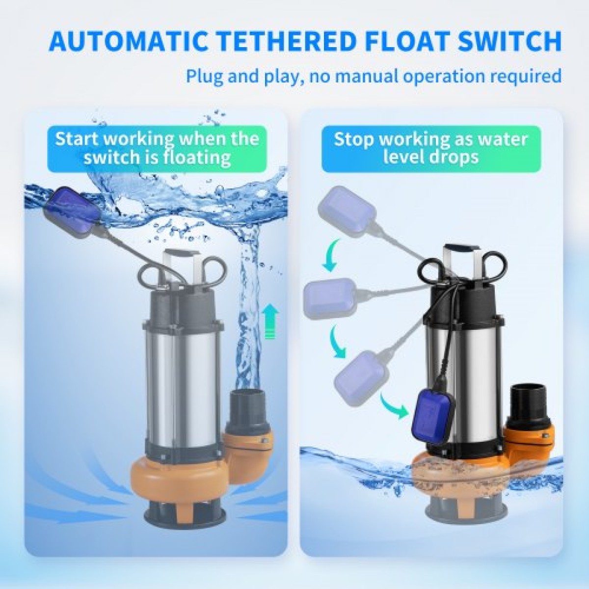 Υποβρύχια αντλία νερού VEVOR, 2200W 60000L/H, με καλώδιο 8 m και αυτόματο συνδεδεμένο διακόπτη πλωτήρα, φορητός ανοξείδωτος χάλυβας για βρώμικα ή καθαρά, πλημμύρες αποχέτευσης, άδειες λίμνες κήπου, πισίνες, υδρομασάζ