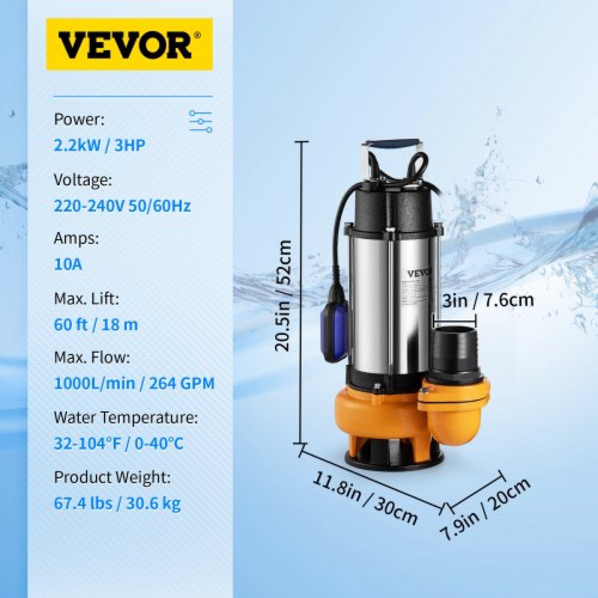 Υποβρύχια αντλία νερού VEVOR, 2200W 60000L/H, με καλώδιο 8 m και αυτόματο συνδεδεμένο διακόπτη πλωτήρα, φορητός ανοξείδωτος χάλυβας για βρώμικα ή καθαρά, πλημμύρες αποχέτευσης, άδειες λίμνες κήπου, πισίνες, υδρομασάζ