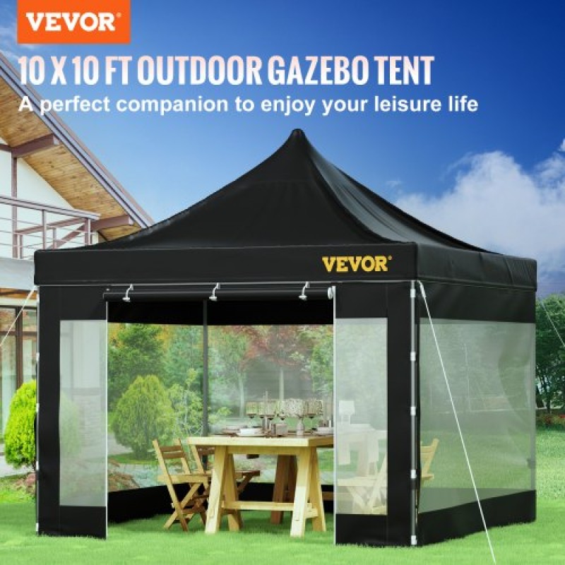 VEVOR 304,8 x 304,8 cm Pop Up Σκηνή με κουβούκλιο, Τέντα κιόσκι εξωτερικής βεράντας με αφαιρούμενα πλαϊνά τοιχώματα και τσάντα με τροχούς, αδιάβροχο στιγμιαίο κιόσκι για πάρτι, κήπο, αυλή, μαύρο