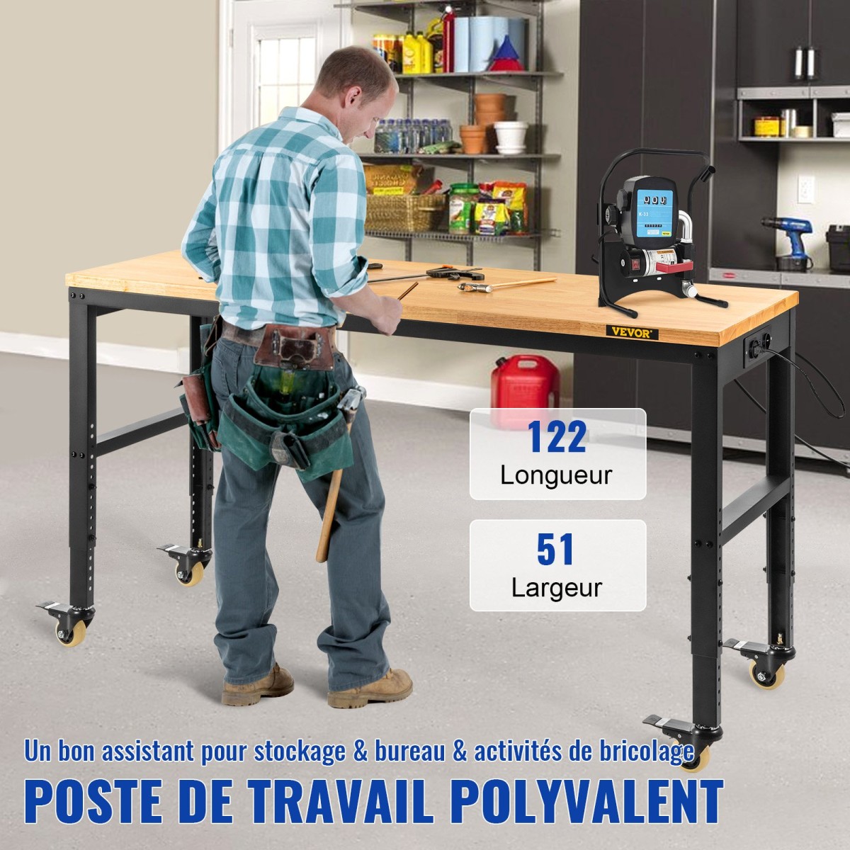 VEVOR Πάγκος Εργασίας Ρυθμιζόμενο ύψος, 122cm Π X 51cm D X 104cm Υ Τραπέζι γκαράζ με 79 – 104 cm Ύψος & Χωρητικότητα 720KG, με πρίζες & σκληρό ξύλο επάνω & μεταλλικό πλαίσιο & περιστρεφόμενους τροχούς, για σπίτι γραφείου