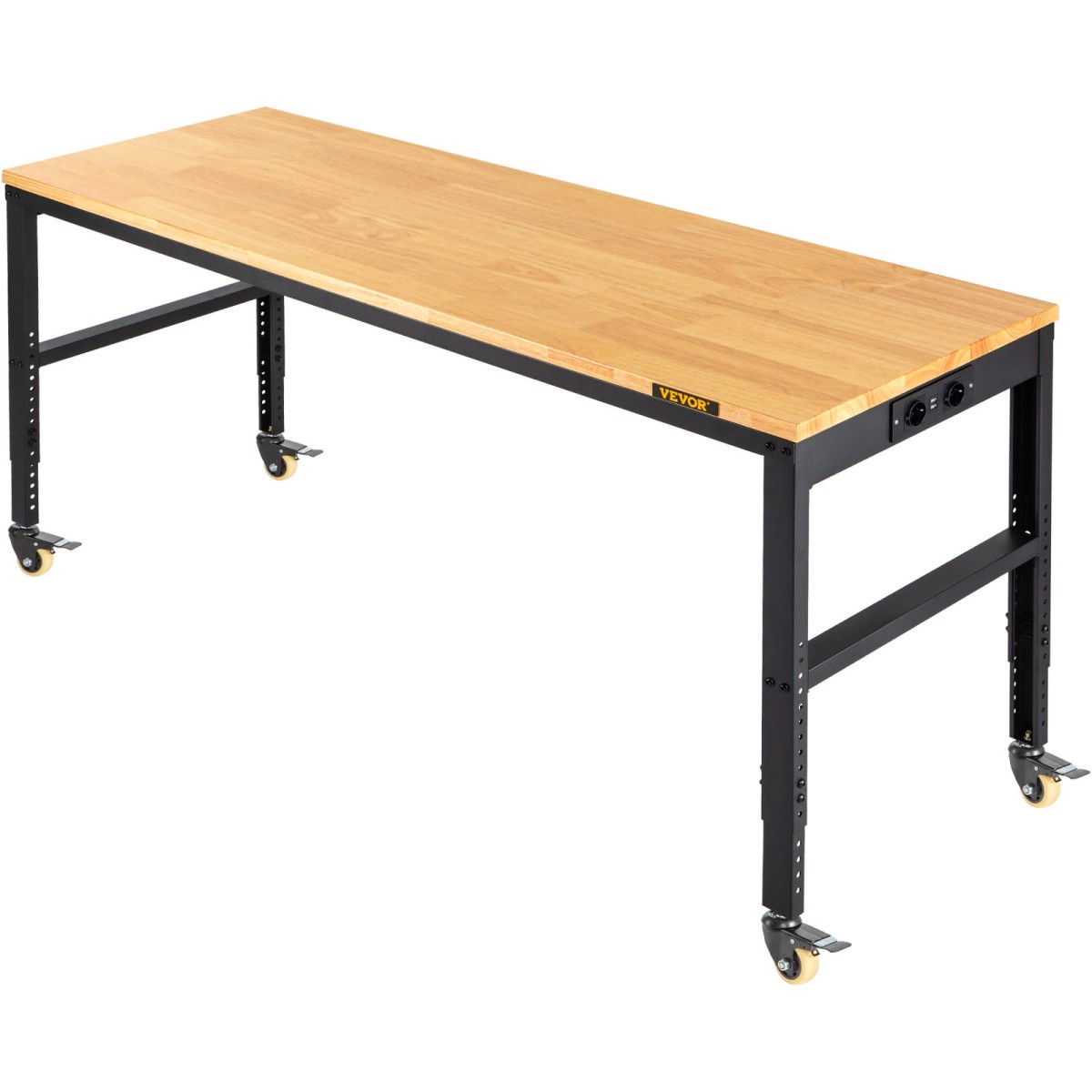 VEVOR Πάγκος Εργασίας Ρυθμιζόμενο ύψος, 122cm Π X 51cm D X 104cm Υ Τραπέζι γκαράζ με 79 – 104 cm Ύψος & Χωρητικότητα 720KG, με πρίζες & σκληρό ξύλο επάνω & μεταλλικό πλαίσιο & περιστρεφόμενους τροχούς, για σπίτι γραφείου