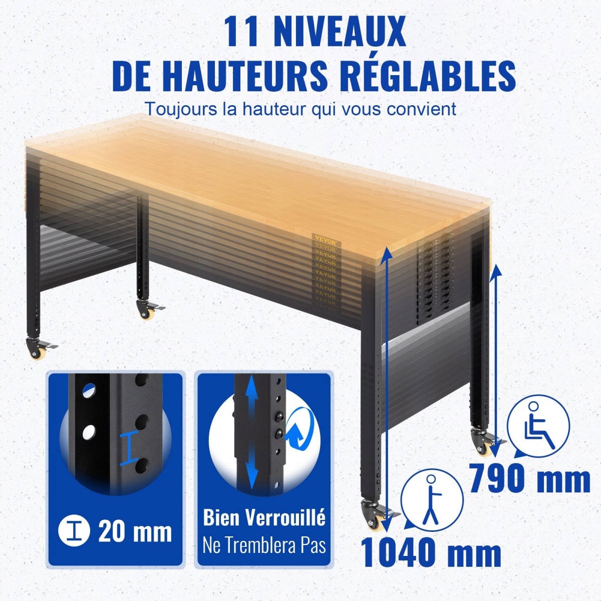 VEVOR Πάγκος Εργασίας Ρυθμιζόμενο ύψος, 122cm Π X 51cm D X 104cm Υ Τραπέζι γκαράζ με 79 – 104 cm Ύψος & Χωρητικότητα 720KG, με πρίζες & σκληρό ξύλο επάνω & μεταλλικό πλαίσιο & περιστρεφόμενους τροχούς, για σπίτι γραφείου
