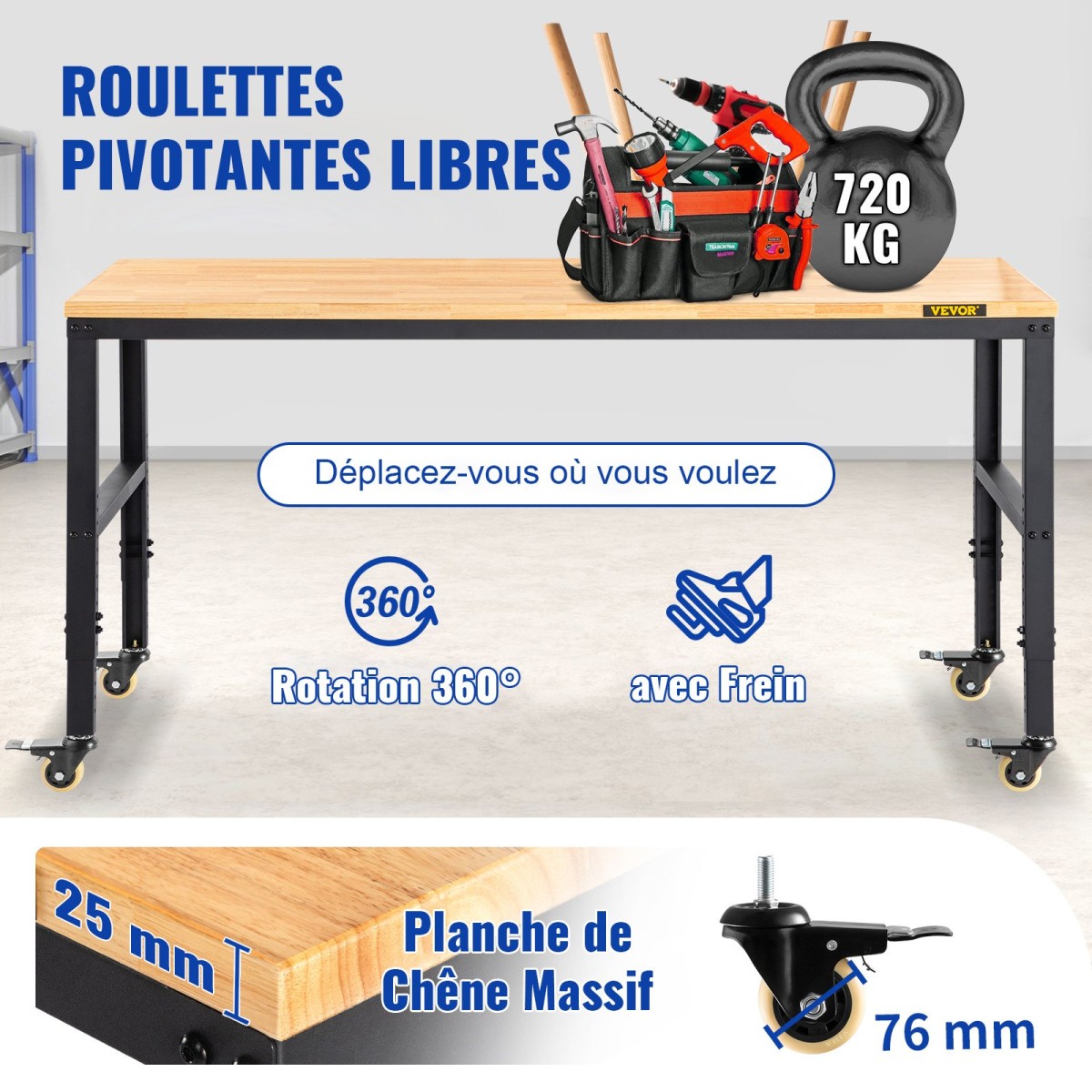 VEVOR Πάγκος Εργασίας Ρυθμιζόμενο ύψος, 122cm Π X 51cm D X 104cm Υ Τραπέζι γκαράζ με 79 – 104 cm Ύψος & Χωρητικότητα 720KG, με πρίζες & σκληρό ξύλο επάνω & μεταλλικό πλαίσιο & περιστρεφόμενους τροχούς, για σπίτι γραφείου