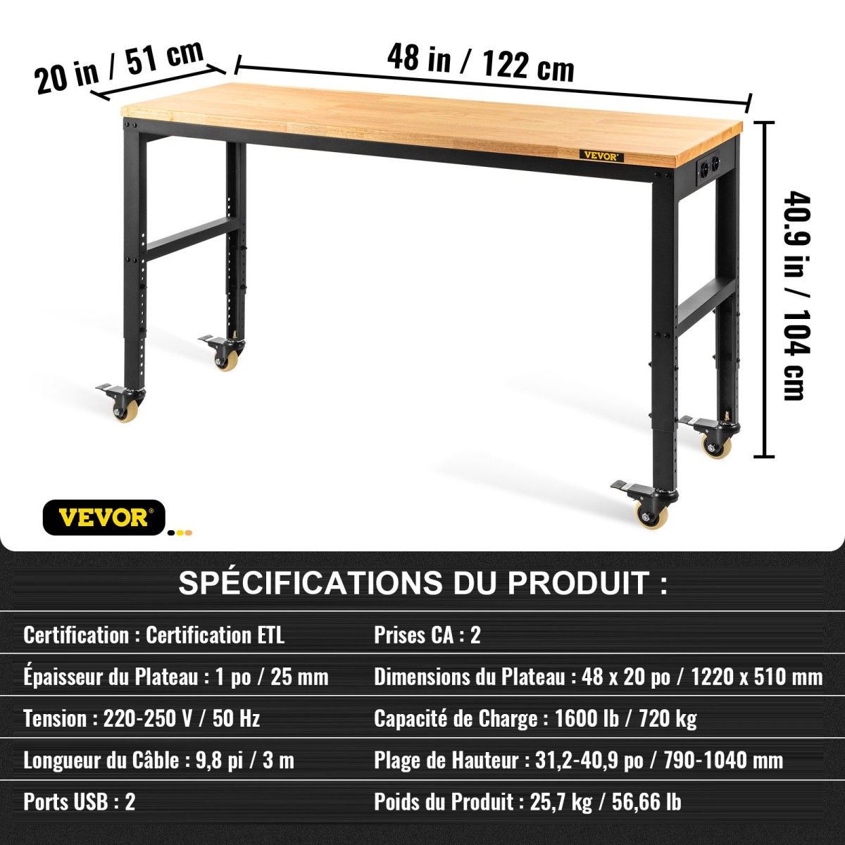 VEVOR Πάγκος Εργασίας Ρυθμιζόμενο ύψος, 122cm Π X 51cm D X 104cm Υ Τραπέζι γκαράζ με 79 – 104 cm Ύψος & Χωρητικότητα 720KG, με πρίζες & σκληρό ξύλο επάνω & μεταλλικό πλαίσιο & περιστρεφόμενους τροχούς, για σπίτι γραφείου