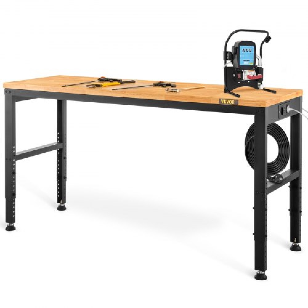 Πάγκος εργασίας VEVOR Ρυθμιζόμενο ύψος, 135cm Π X 46cm D X 97cm Υ Τραπέζι γκαράζ με 72 – 97 cm Ύψος & χωρητικότητα φόρτωσης 900 KG, με πρίζες ρεύματος & σκληρό ξύλο πάνω & μεταλλικό πλαίσιο & ποδαράκια, για σπίτι γραφείου