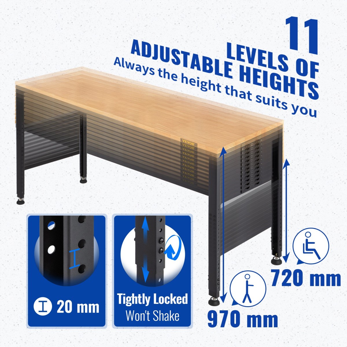 Πάγκος εργασίας VEVOR Ρυθμιζόμενο ύψος, 135cm Π X 46cm D X 97cm Υ Τραπέζι γκαράζ με 72 – 97 cm Ύψος & χωρητικότητα φόρτωσης 900 KG, με πρίζες ρεύματος & σκληρό ξύλο πάνω & μεταλλικό πλαίσιο & ποδαράκια, για σπίτι γραφείου