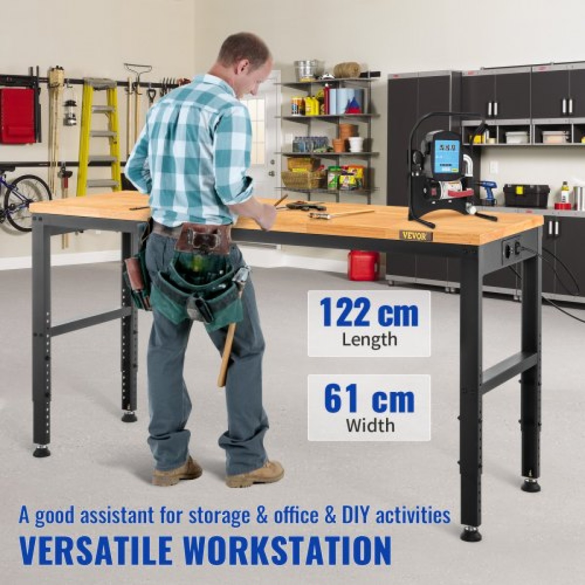 VEVOR Πάγκος Εργασίας Ρυθμιζόμενο Ύψος, 122cm Π X 61cm D X 97cm Υ Τραπέζι γκαράζ με 72 – 97 cm Ύψος & χωρητικότητα 900KG, με πρίζες & σκληρό ξύλο Πάνω & μεταλλικό πλαίσιο & ποδαράκια, για το σπίτι γραφείου
