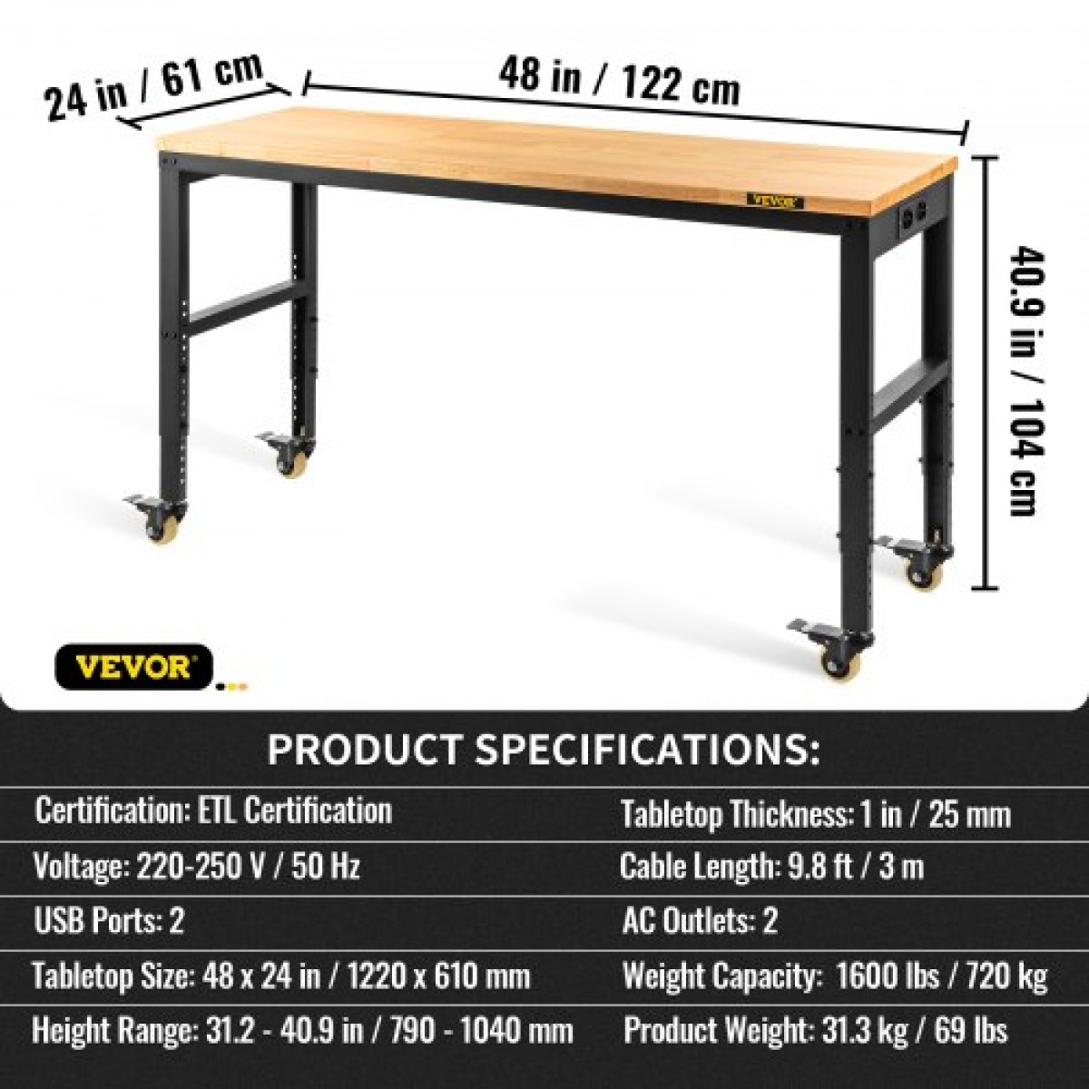 Πάγκος εργασίας VEVOR Ρυθμιζόμενο ύψος, 122cm Π X 61cm D X 104cm Υ Τραπέζι γκαράζ με 79 – 104 cm Ύψος & Χωρητικότητα 720KG, με πρίζες & σκληρό ξύλο επάνω & μεταλλικό πλαίσιο & περιστρεφόμενοι τροχοί, για σπίτι γραφείου