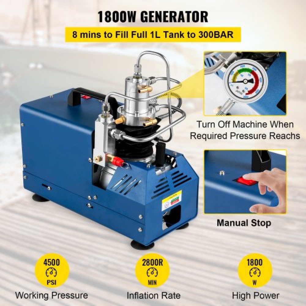 Συμπιεστής υψηλής πίεσης VEVOR, 4500PSI/30MPA/300BAR Συμπιεστής αέρα υψηλής πίεσης, 1800W 220V Χειροκίνητος αεροσυμπιεστής Stop Air Rifle Κατάλληλος για αεροβόλο τουφέκι Paintball, Τυφέκιο PCP, Αερόπιστο, Μπουκάλι κατάδυσης