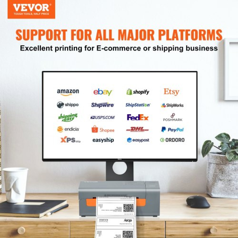 Θερμικός εκτυπωτής ετικετών VEVOR, 203DPI 60pcs/min για ταχυδρομικά πακέτα 4x6, σύνδεση USB & αυτόματη αναγνώριση ετικετών, υποστήριξη Windows/MacOS/Linux, Συμβατό με Amazon, eBay, Etsy, UPS κ.λπ., Γκρι