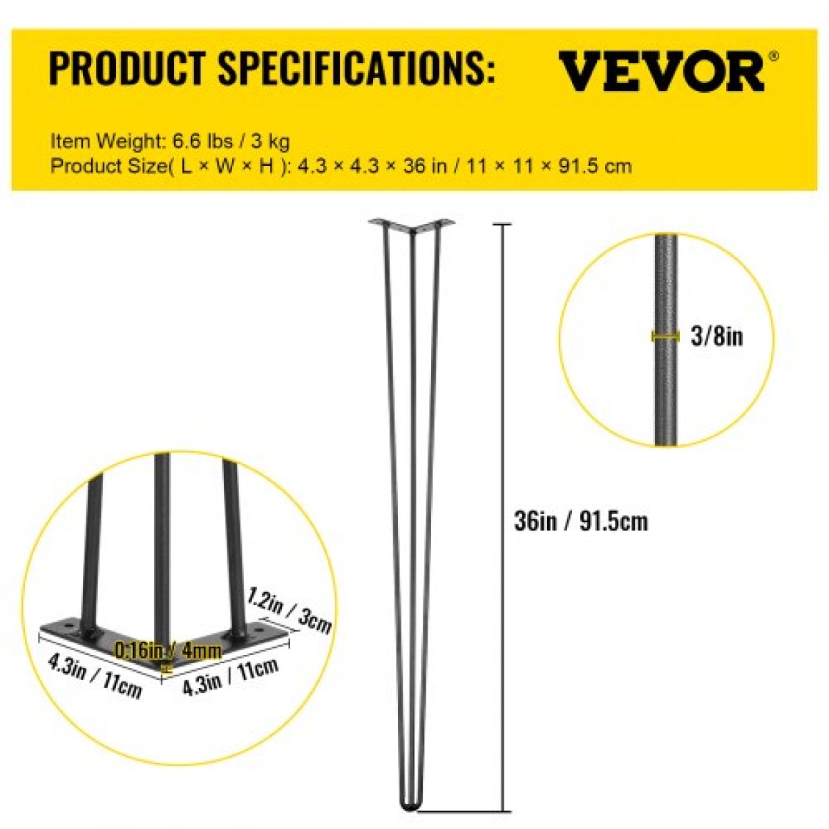 Πόδια τραπεζιού φουρκέτας VEVOR 91,4 cm Μαύρο Σετ με 4 πόδια γραφείου 399,2 kg Χωρητικότητα φόρτωσης (99,8 kg το καθένα) Πόδια γραφείου φουρκέτας 3 ράβδοι για τραπεζαρία πάγκου Τραπεζαρία Καρέκλες από Carbon Steel DIY βαρέως τύπου Πόδια επίπλων