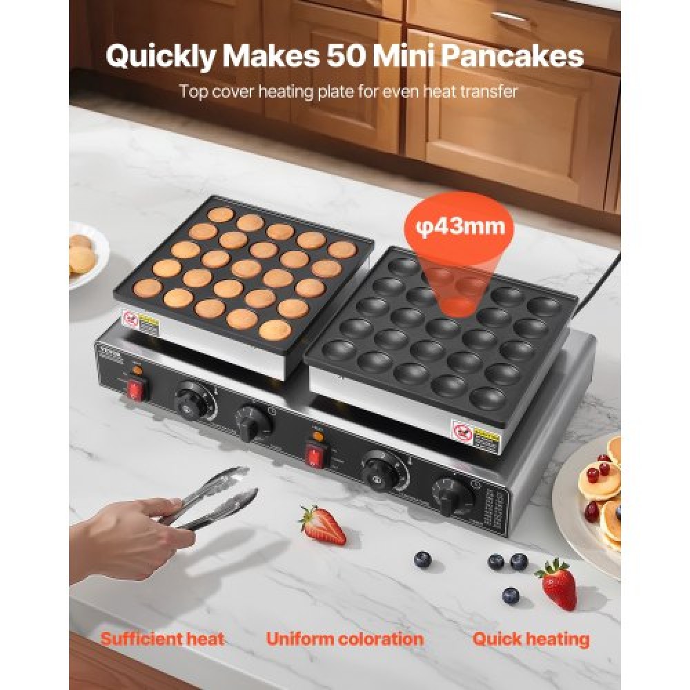 VEVOR 50PCS Mini Dutch Pancake Maker, Αντικολλητικό ανοξείδωτο ατσάλι Dorayaki Baker, 1800W Commercial Electric Poffertjes Grill Pan, Dual Temp & Time Control, για επιδόρπιο πρωινού εστιατορίου κουζίνας