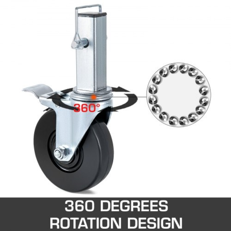 4 Pack 5" Heavy Duty Scaffolding Rubber Swivel Caster With Dual Locking 1.25" Square Stem 440LBS Capacity Per Wheel