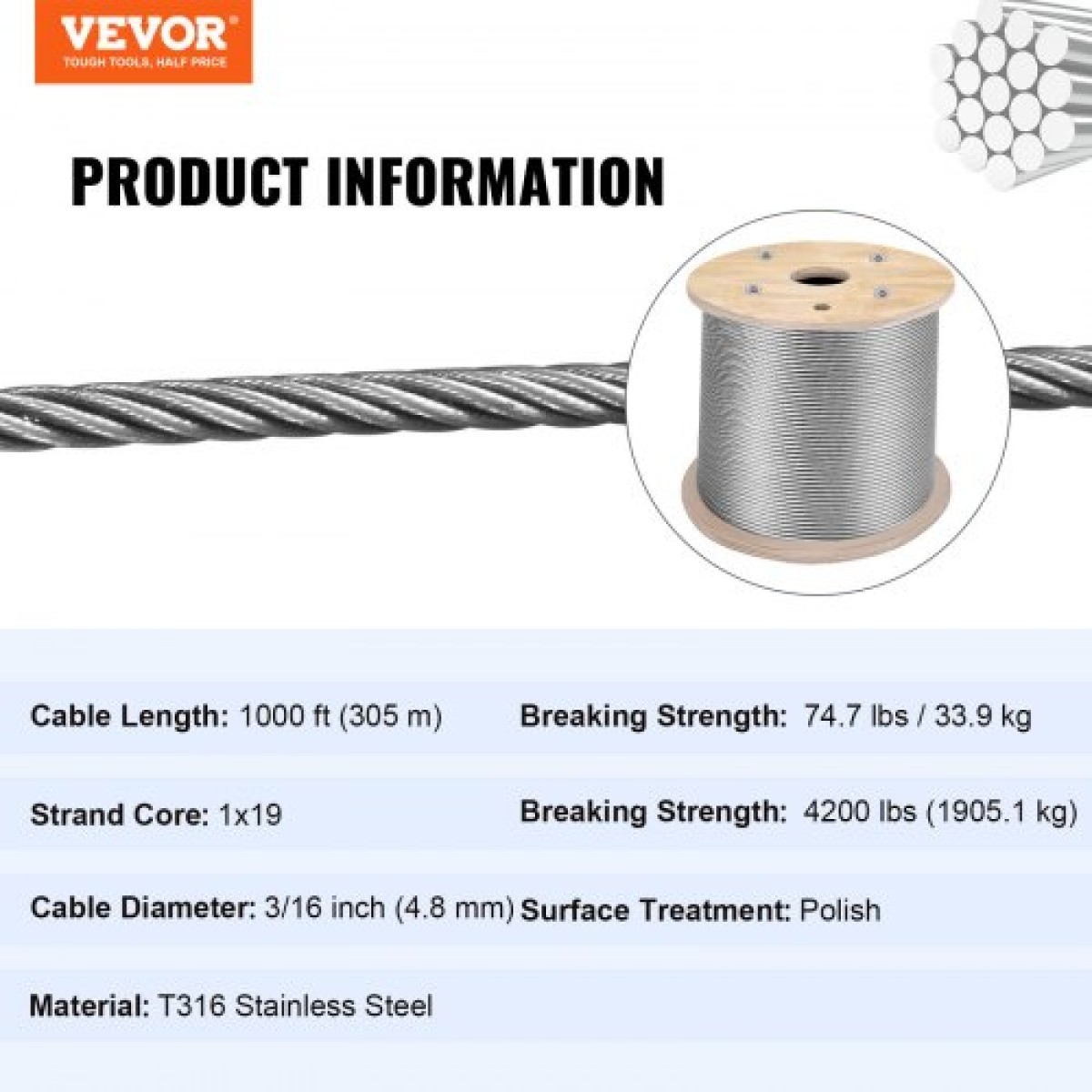 Καλώδιο VEVOR από ανοξείδωτο ατσάλι 3/16" x 1000 πόδια, κιγκλίδωμα καλωδίου καταστρώματος θαλάσσης T316, Πλεκτό καλώδιο αεροσκάφους κατασκευής 1x19 σκελών για φώτα χορδών ράγας καταστρώματος Κρεμαστό φράχτη βεράντας DIY κιγκλίδωμα