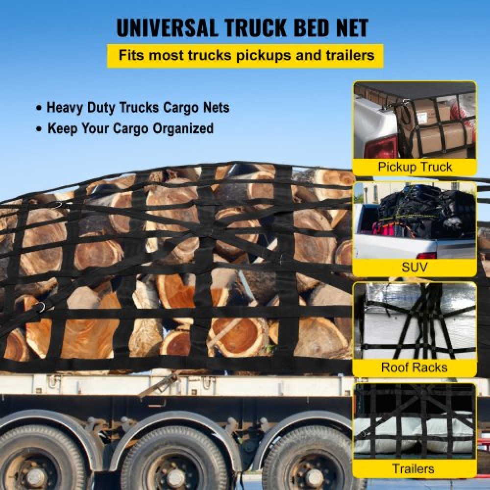 Truck Bed Cargo Net - Cross Strap Reinforced Truck Cargo Net with D-Rings Hook