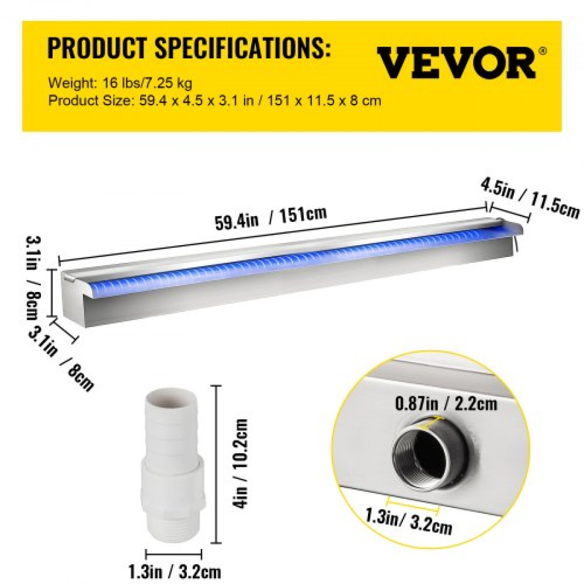 VEVOR Πισίνα Υπερχείλισης Καταρράκτη 151x11,5x8 cm Ανοξείδωτο Σιντριβάνι πισίνας με πολύχρωμη λωρίδα LED, σύνδεσμος σωλήνα, τηλεχειριστήριο, ανθεκτικό στη διάβρωση για λιμνούλα, εξωτερικός κήπος
