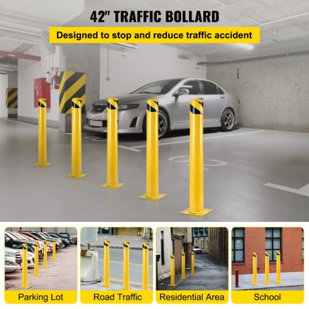 VEVOR Safety Bollard 107 cm x 11,4 cm Μπουλόνι ασφαλείας 11,4 cm OD 107 cm Ύψος κίτρινο παλτό σκόνης Ατσάλινο φράγμα ασφαλείας με 4 δωρεάν μπουλόνια αγκύρωσης για ευαίσθητη περιοχή στην κυκλοφορία