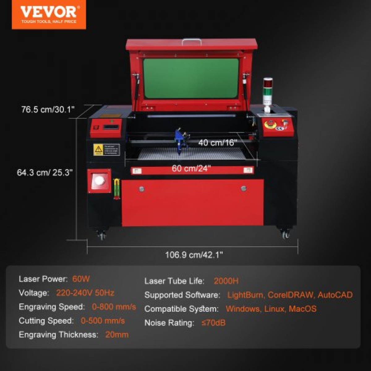 Μηχάνημα κοπής λέιζερ VEVOR 60W CO2, 41 x 61 cm (16 x 24 in), 500 mm/s (19,7 IPS) με 2-Way Pass Air Assist, Συμβατό με LightBurn, CorelDRAW, AutoCAD, Windows, Mac OS, Linux, για Fabric More Acry