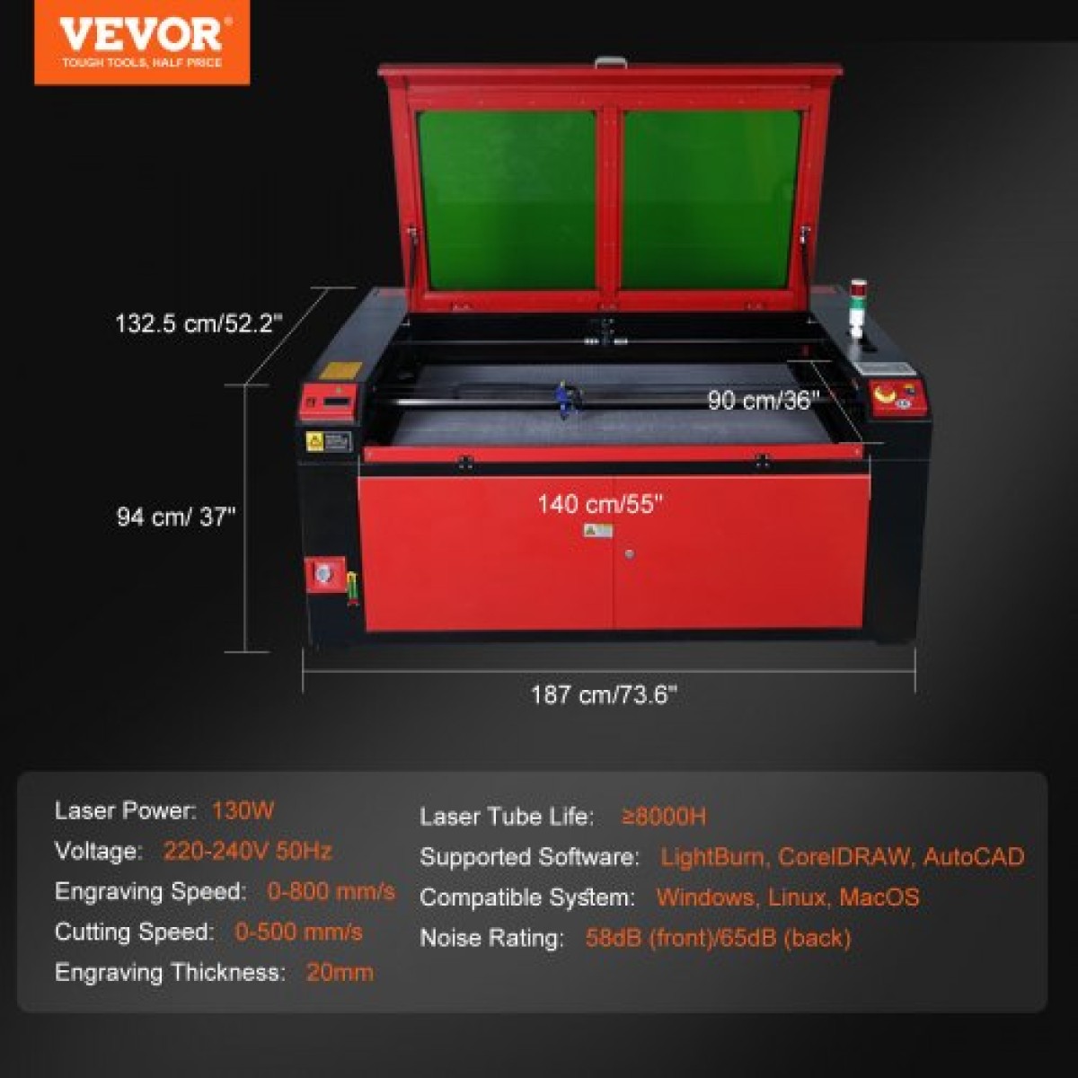 Μηχάνημα κοπής λέιζερ VEVOR 130W CO2, 89 x 140 cm (35 x 55 ίντσες), 500 mm/s (19,7 IPS) με 2-Way Pass Air Assist, Συμβατό με LightBurn, CorelDRAW, AutoCAD, Windows, Mac OS, Περισσότερα Acry Fabric, για Wood