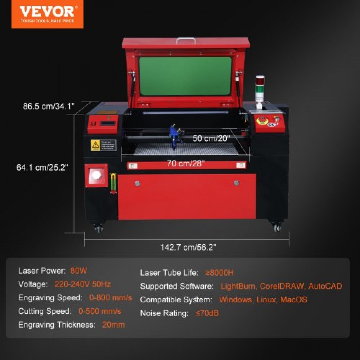 Μηχάνημα κοπής λέιζερ VEVOR 80W CO2, 51 x 71 cm (20 x 28 ίντσες), 500 mm/s (19,7 IPS) με 2-Way Pass Air Assist, Συμβατό με LightBurn, CorelDRAW, AutoCAD, Windows, Mac OS, Linux, για Fabric More Acry