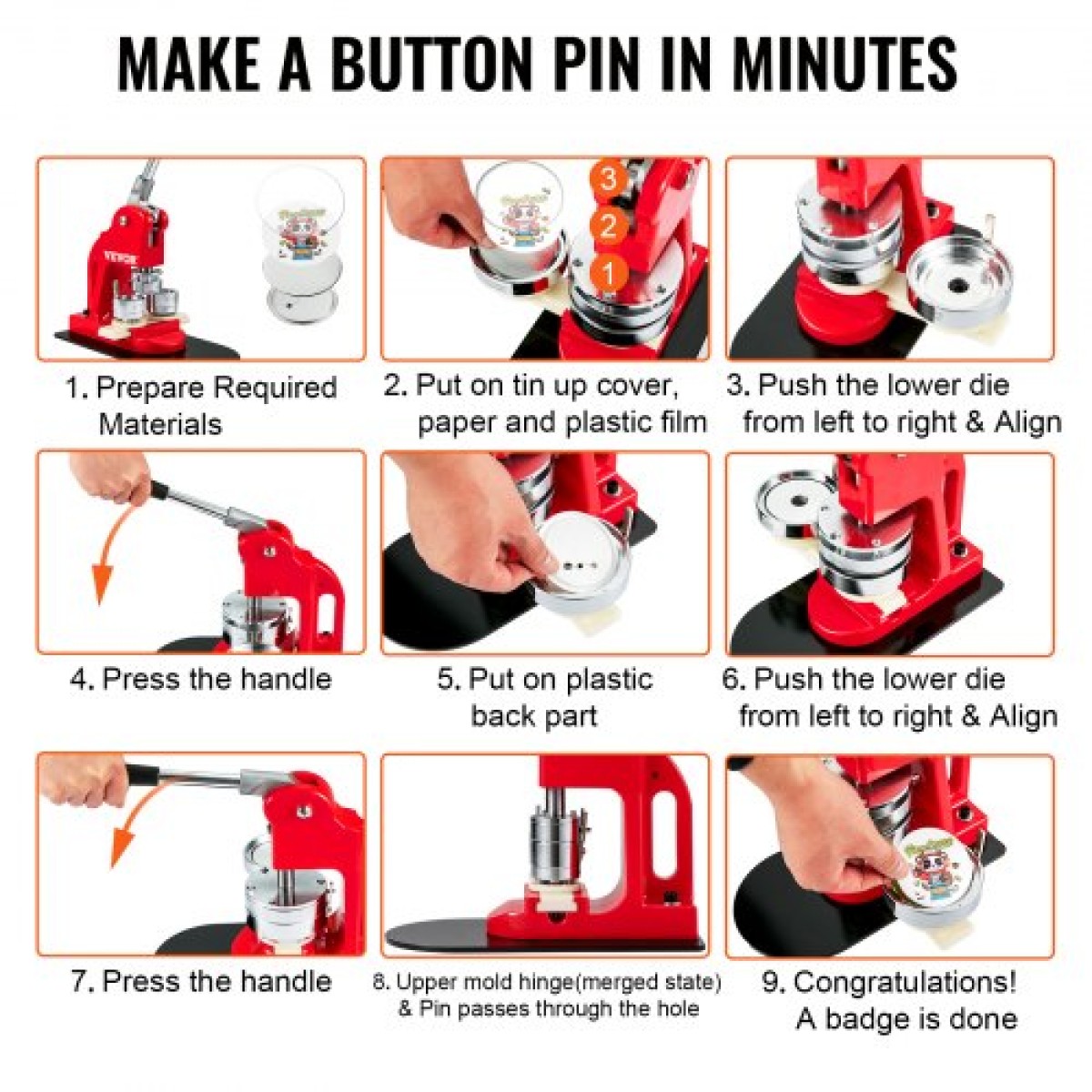 Μηχάνημα κουμπιών VEVOR, 25mm (1 ίντσα) Badge Punch Press Kit, Children DIY Gifts Pin Maker, Button Making Supplies with 500pcs Button Parts & Circle Cutter & Magic Book
