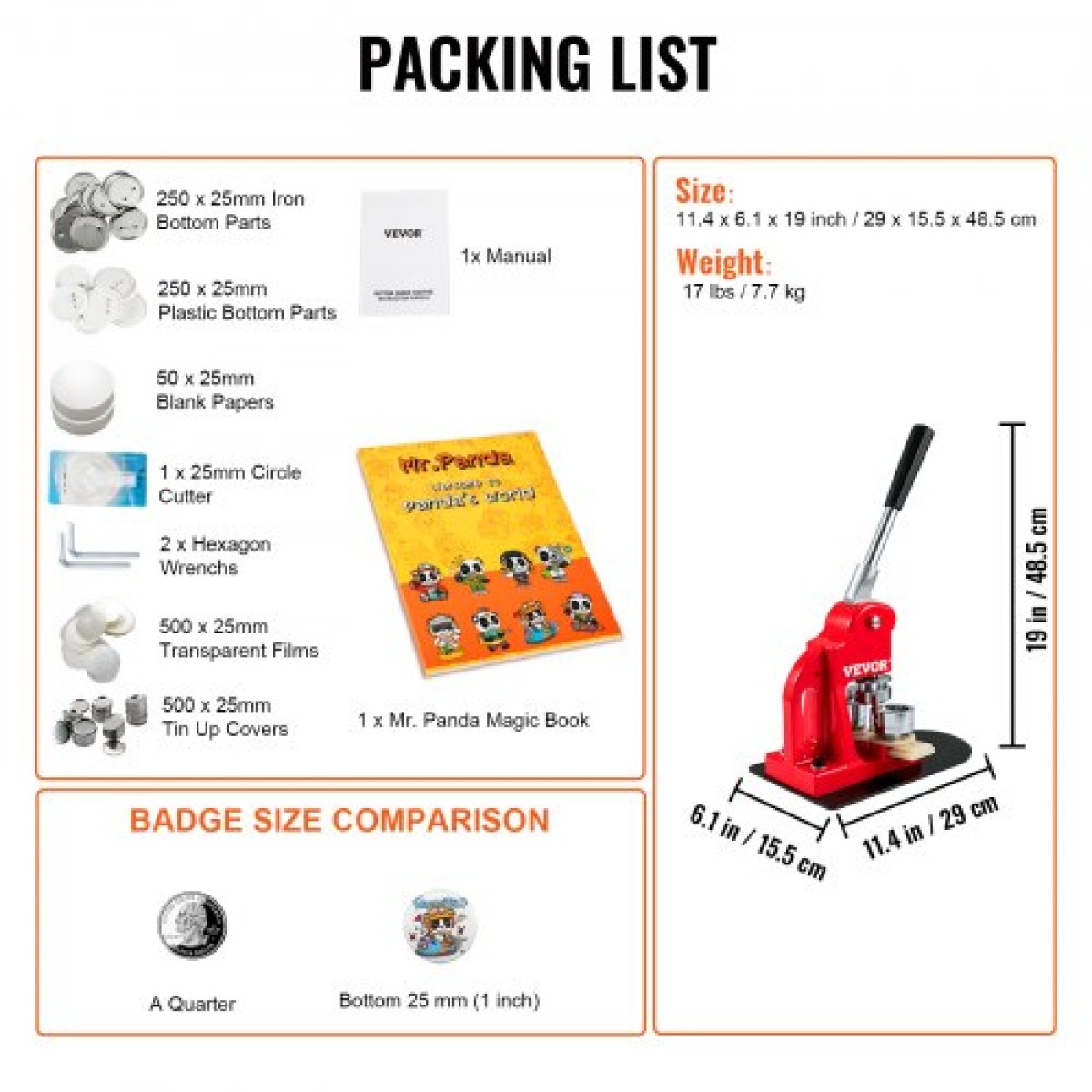 Μηχάνημα κουμπιών VEVOR, 25mm (1 ίντσα) Badge Punch Press Kit, Children DIY Gifts Pin Maker, Button Making Supplies with 500pcs Button Parts & Circle Cutter & Magic Book