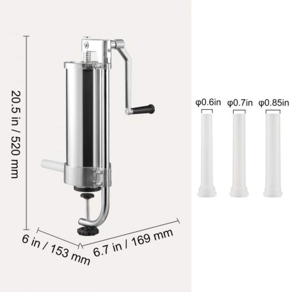 Λουκάνικο VEVOR, Χωρητικότητα 5LBS/3L, Κατακόρυφο λουκάνικο 304 από ανοξείδωτο ατσάλι, Μηχάνημα πλήρωσης λουκάνικων με 3 σωλήνες γέμισης, βάση αναρρόφησης και χειροκίνητη μανιβέλα για οικιακή ή εμπορική χρήση