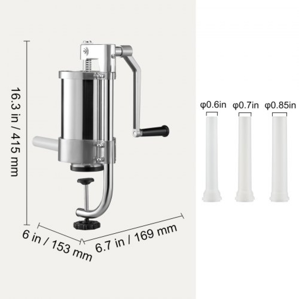 VEVOR Sausage Stuffer, χωρητικότητας 2,5LBS/1,5L, 304 Inox Vertical Sausage Stuff, Μηχάνημα πλήρωσης λουκάνικων με 3 σωλήνες γέμισης, βάση αναρρόφησης και χειροκίνητη μανιβέλα για οικιακή ή εμπορική χρήση