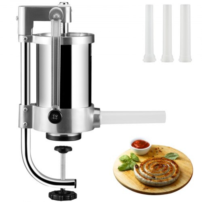 VEVOR Sausage Stuffer, χωρητικότητας 2,5LBS/1,5L, 304 Inox Vertical Sausage Stuff, Μηχάνημα πλήρωσης λουκάνικων με 3 σωλήνες γέμισης, βάση αναρρόφησης και χειροκίνητη μανιβέλα για οικιακή ή εμπορική χρήση