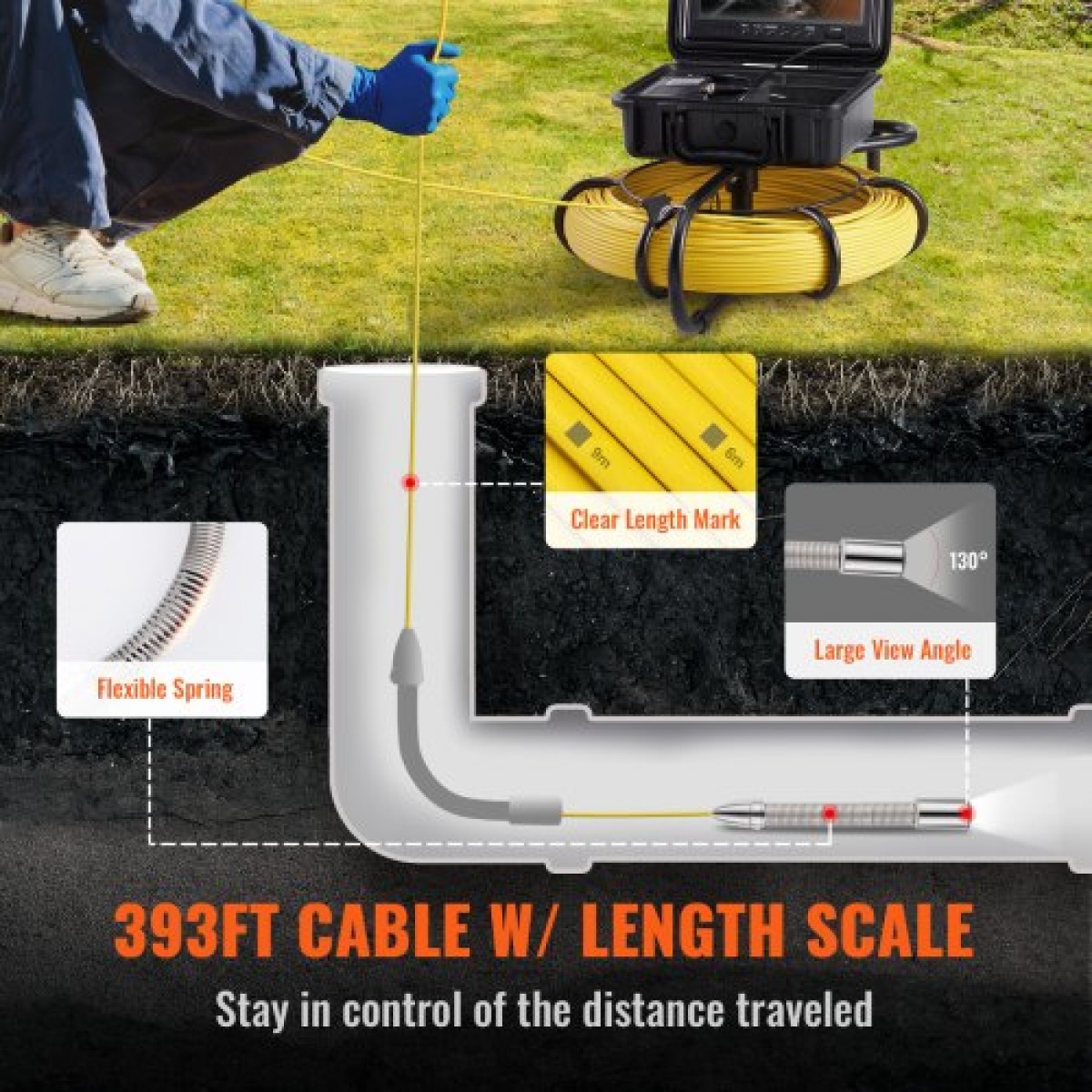 VEVOR Sewer Camera Pipe Inspection Camera 22,9 cm 720p Screen Pipe Camera 119,8m