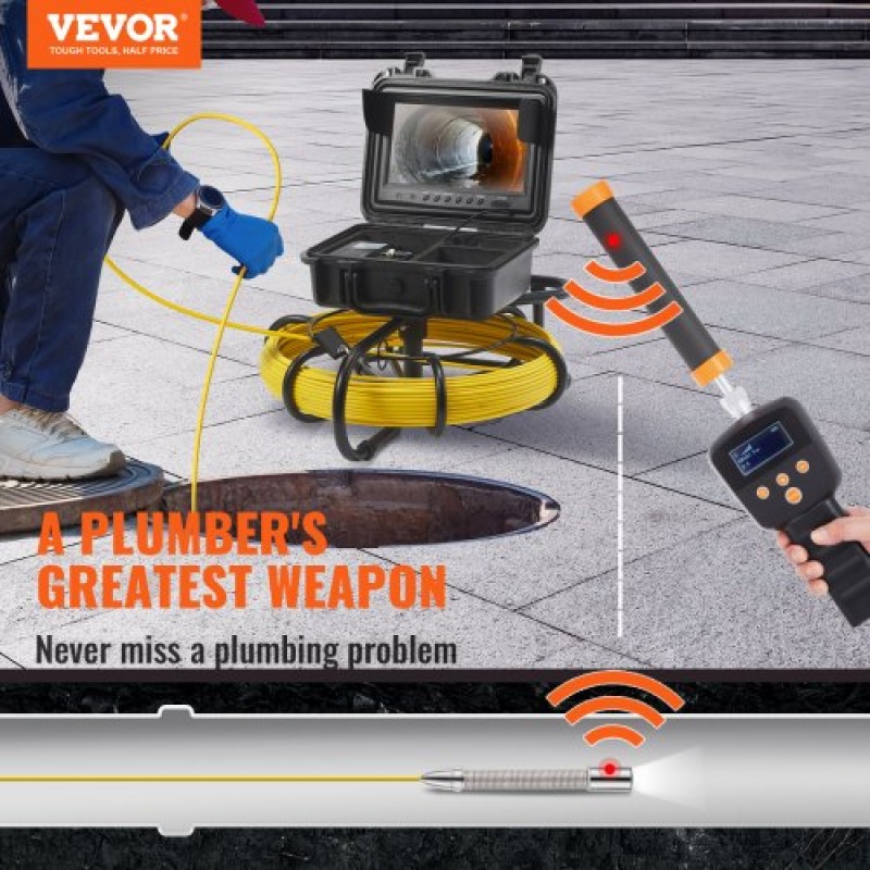 VEVOR Sewer Camera Pipe Inspection Camera w/ 512hz Sonde 22,9 cm 720p Οθόνη 50,3m