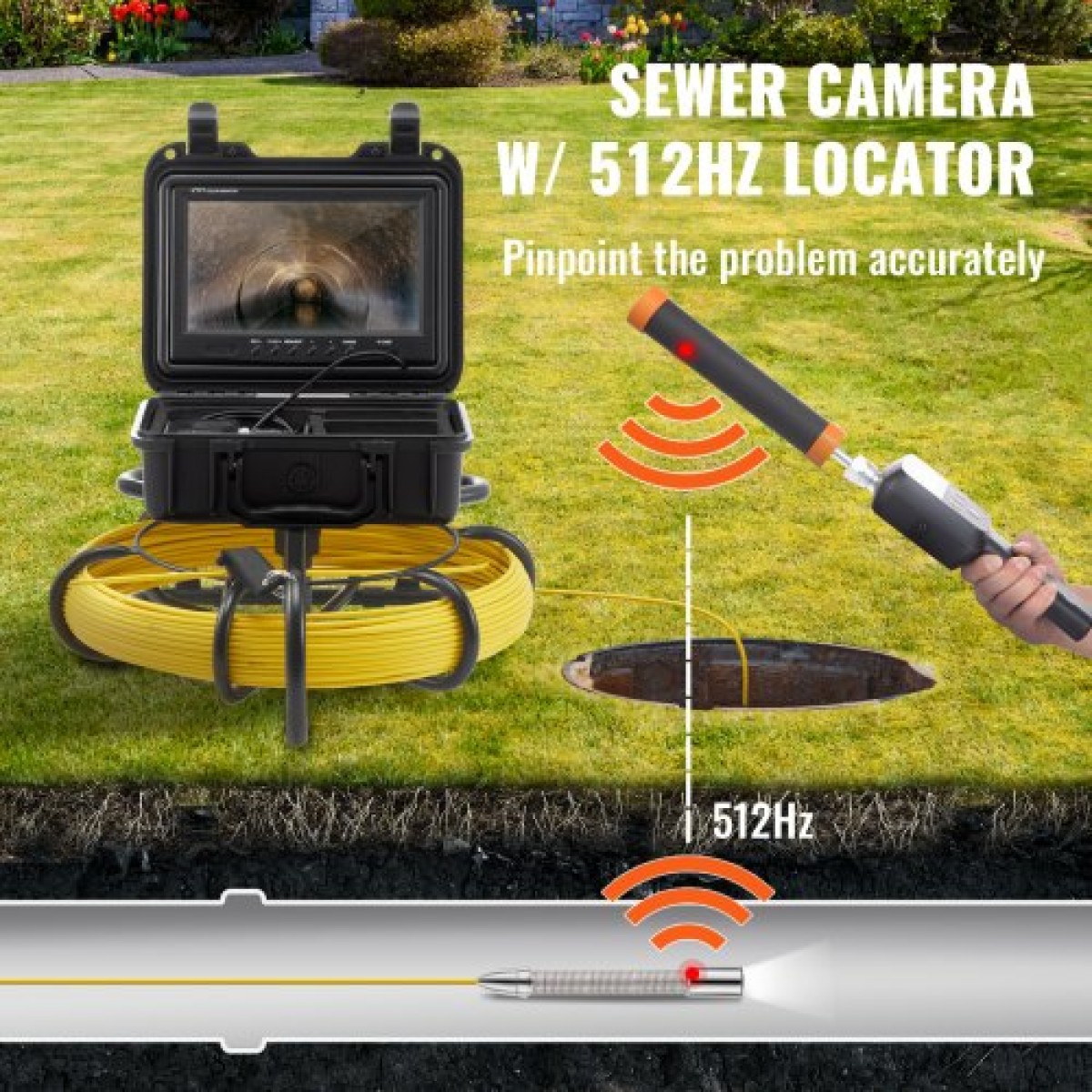 VEVOR Sewer Camera Pipe Inspection Camera w/ 512hz Sonde 22,9 cm 720p Οθόνη 50,3m