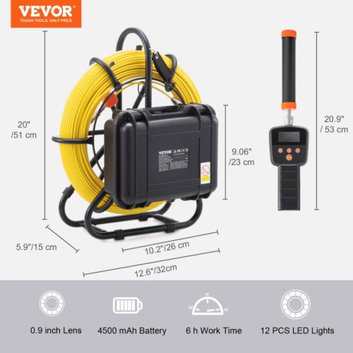 VEVOR Sewer Camera Pipe Inspection Camera w/ 512hz Sonde 22,9 cm 720p Οθόνη 91,4m