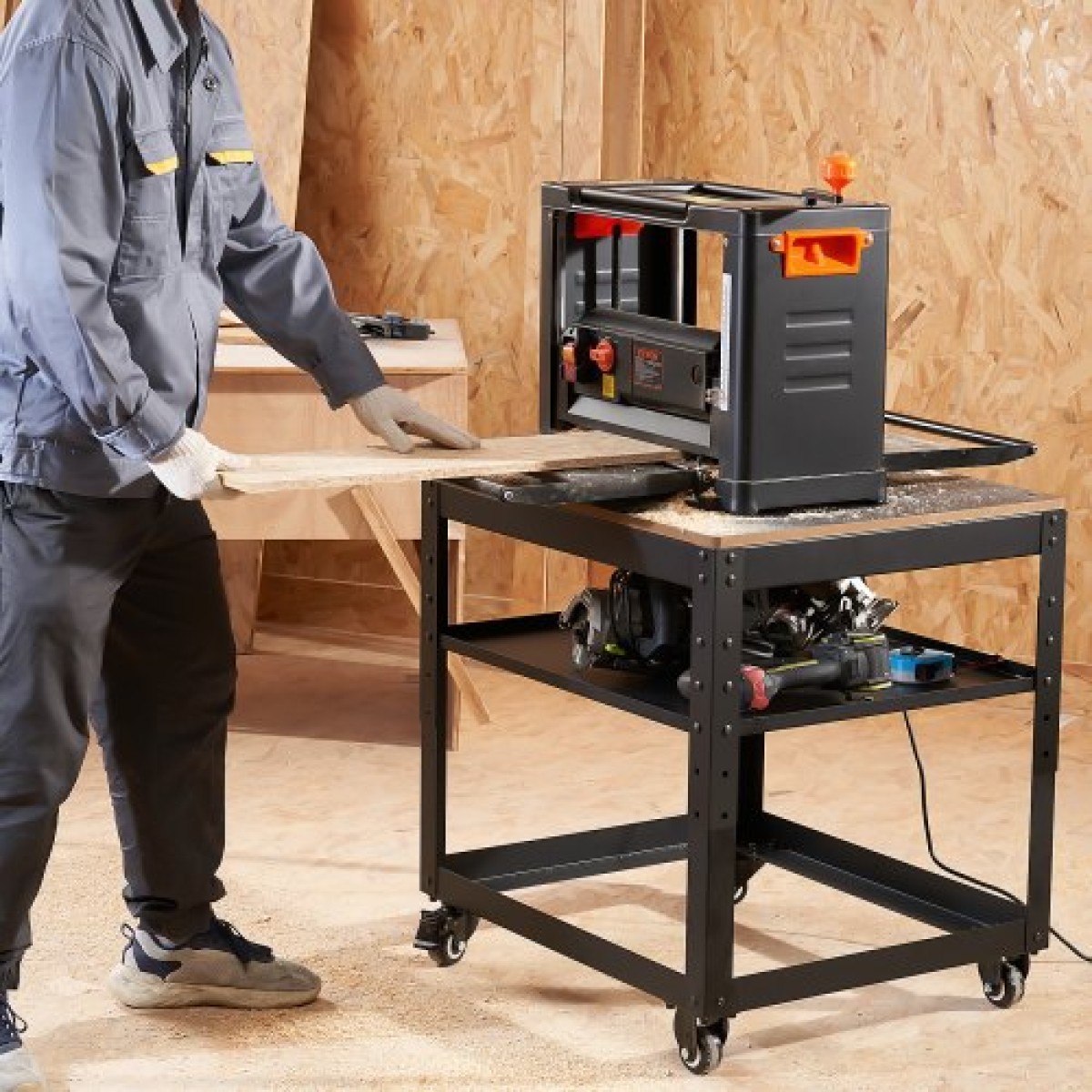 VEVOR Planer Stand, 100 lbs/ 45 kg heavy loads, Three-Gear Height Adjustable thickness planer table,with 4 Stable Casters & Storage Space, for most planers, saws, bench-top machines, power tools