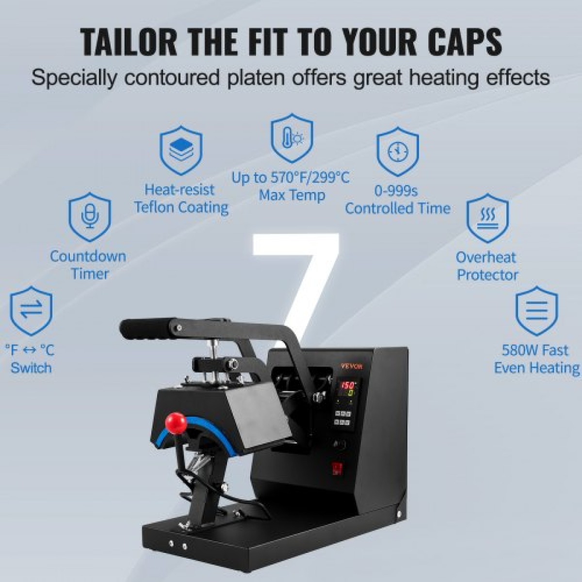 VEVOR Hat Heat Press, 4-in-1 Cap Heat Press Machine, 15,24 x 7,6 cm Clamshell Sublimation Transfer, LCD Digital Timer Temperature Control with 4pcs Curved Heating Elements (15,24 x 7,6/17x6,86/17x6,86/20,57 cm)8.