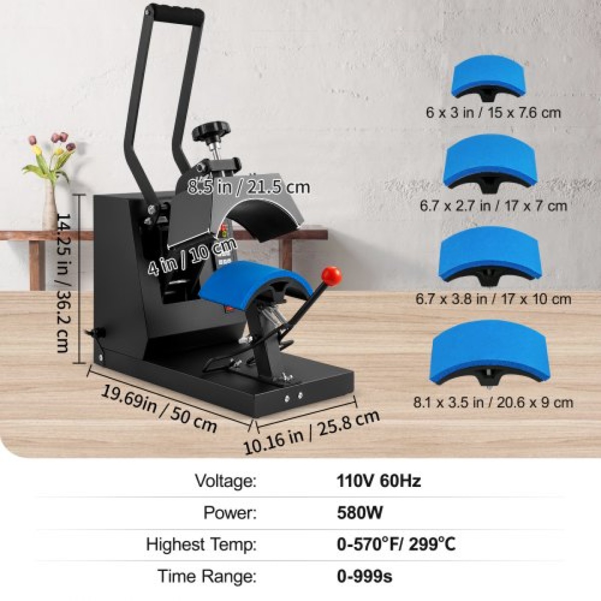 VEVOR Hat Heat Press, 4-in-1 Cap Heat Press Machine, 15,24 x 7,6 cm Clamshell Sublimation Transfer, LCD Digital Timer Temperature Control with 4pcs Curved Heating Elements (15,24 x 7,6/17x6,86/17x6,86/20,57 cm)8.