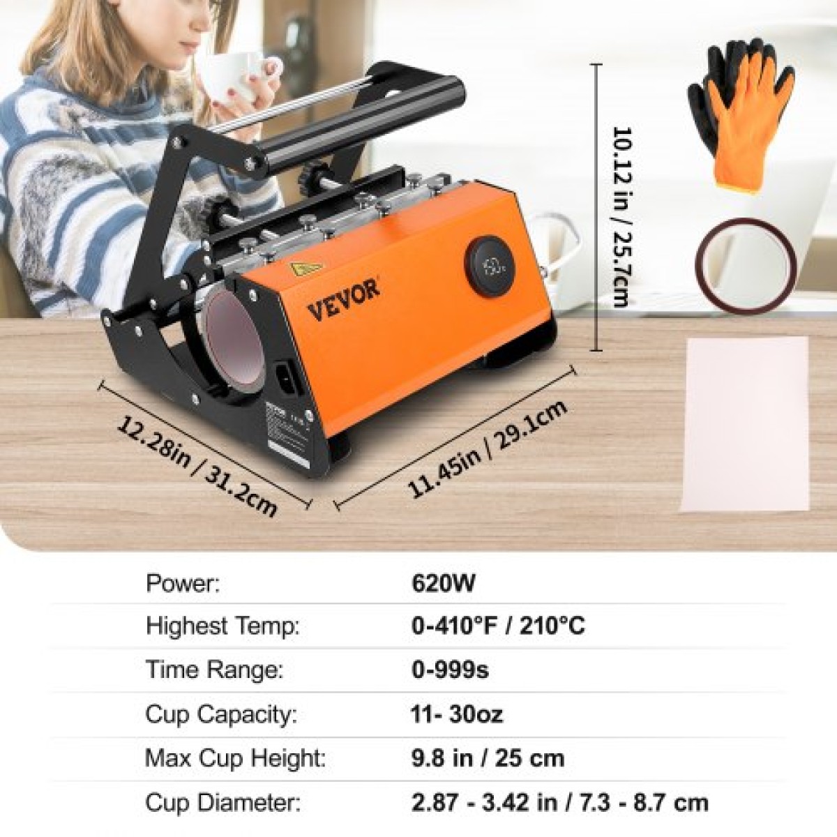 VEVOR Mug Heat Press Machine, 850,5 g Tumbler Heat Press Machine, Sublimation Transfer 311,84-425,2 g 453,59-708,7 g 850,5 g Straight Skinny Tumblers, Cup Heat Press with Heat-resist Gloves & Tape, DIY Cups Ceramic Mugs