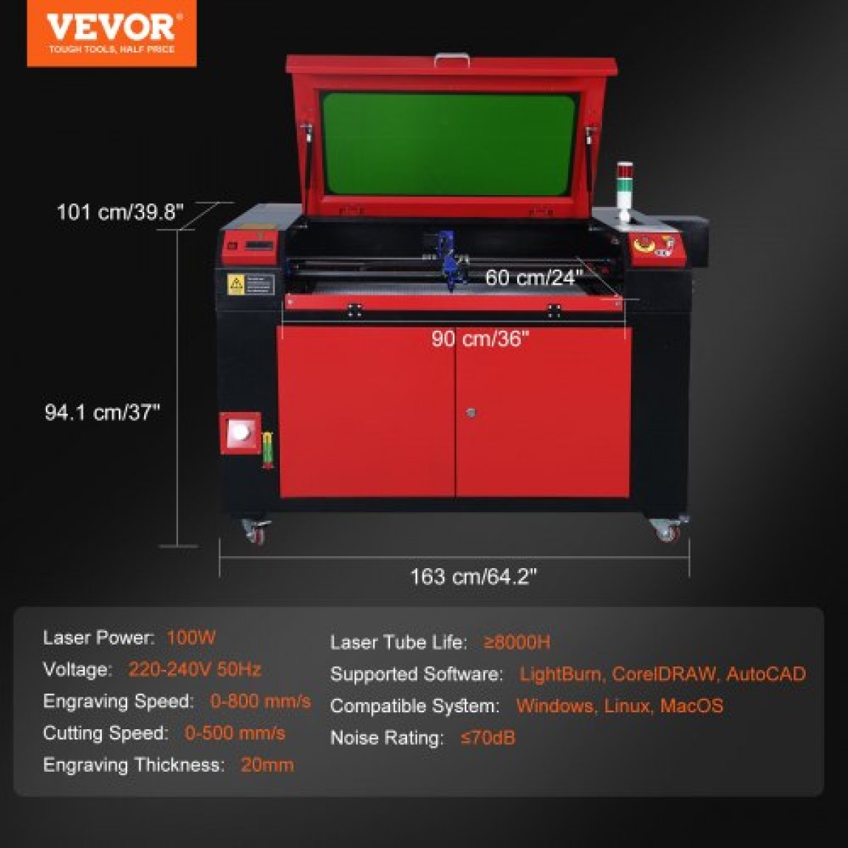 Μηχάνημα κοπής λέιζερ VEVOR 100W CO2, 61 x 89 cm (24 x 35 in), 500 mm/s (19,7 IPS) με 2-Way Pass Air Assist, Συμβατό με LightBurn, CorelDRAW, AutoCAD, Windows, Mac OS, Linux Fabric More