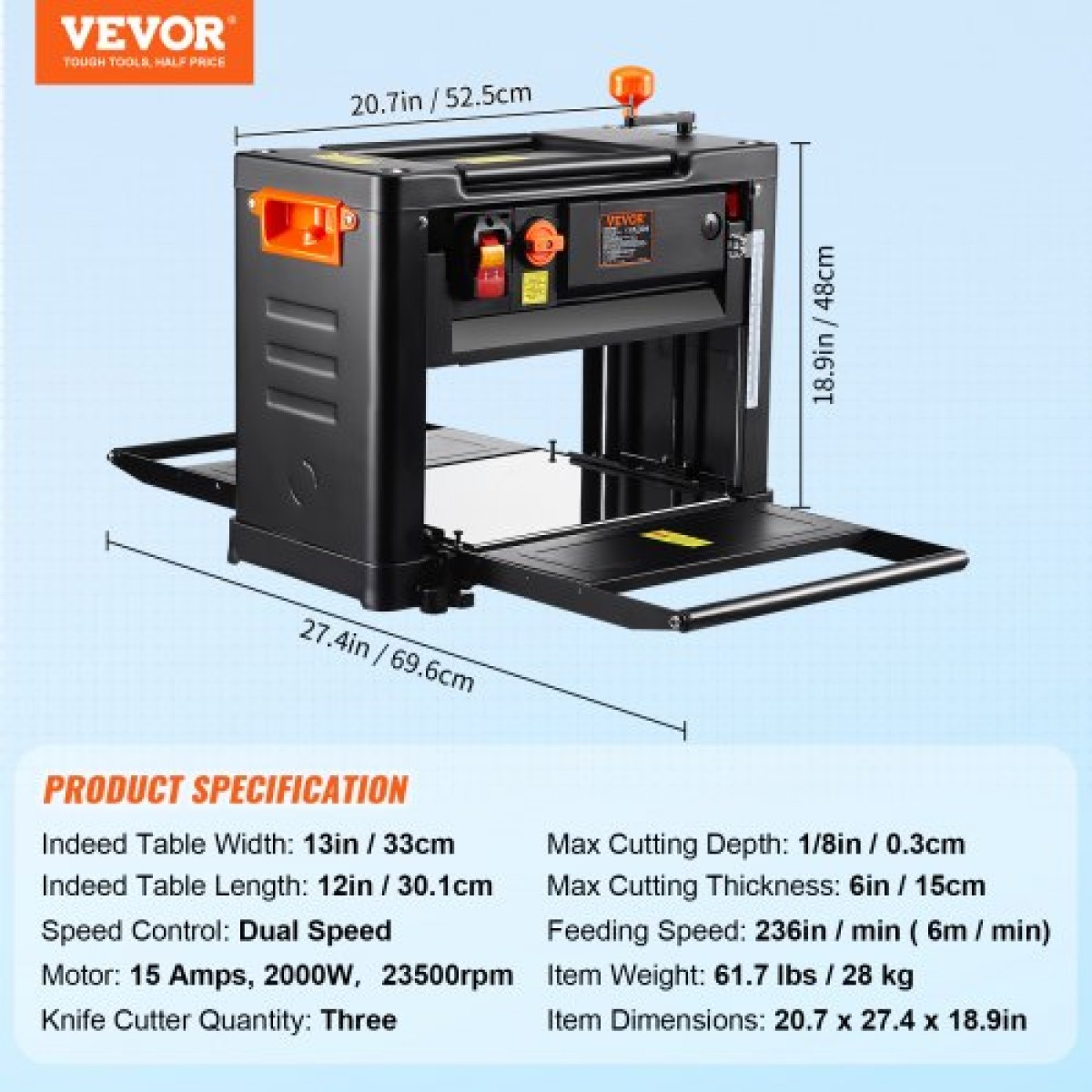 Πλάνη πάχους VEVOR, δύο ταχυτήτων, πλάτος 33 cm Πλάνη πάγκου για τραπέζι εργασίας, Ισχυρό μοτέρ 15 αμπέρ 2000W με τρεις λεπίδες, Εκτεταμένο τραπέζι τροφοδοσίας 30,5 cm, Χαμηλό θόρυβο για αφαίρεση υλικού σκληρού και μαλακού ξύλου